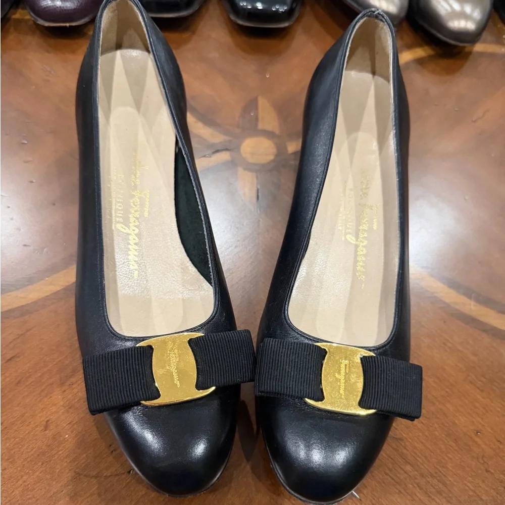 Salvatore Ferragamo Black Flats with Gold‎ Buckle